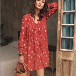 Sezane Red Floral Long Sleeve Button Front Dress size FR 40 or US 8